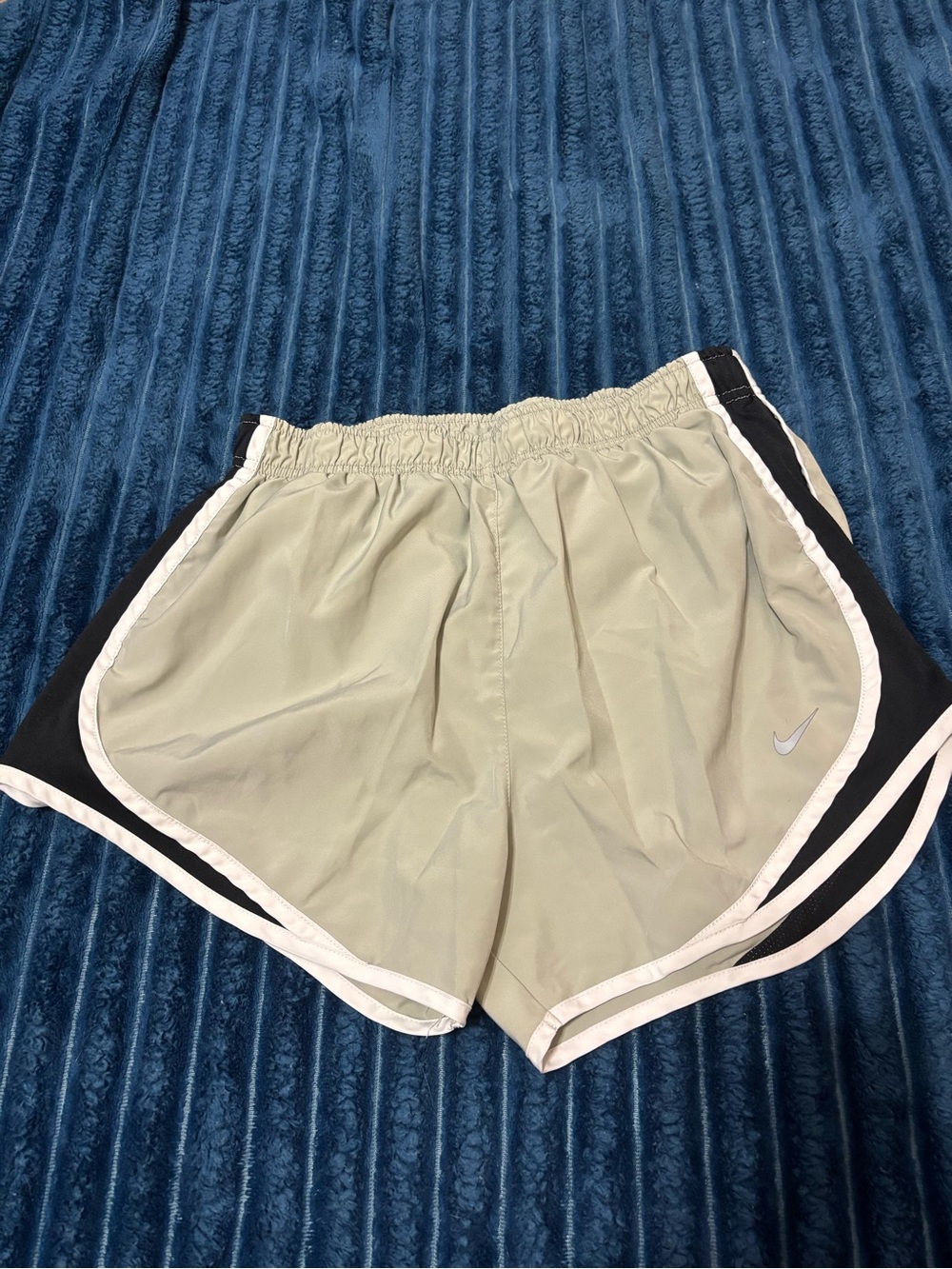 Nike Women's Beige Athletic Shorts with Black Side Panels